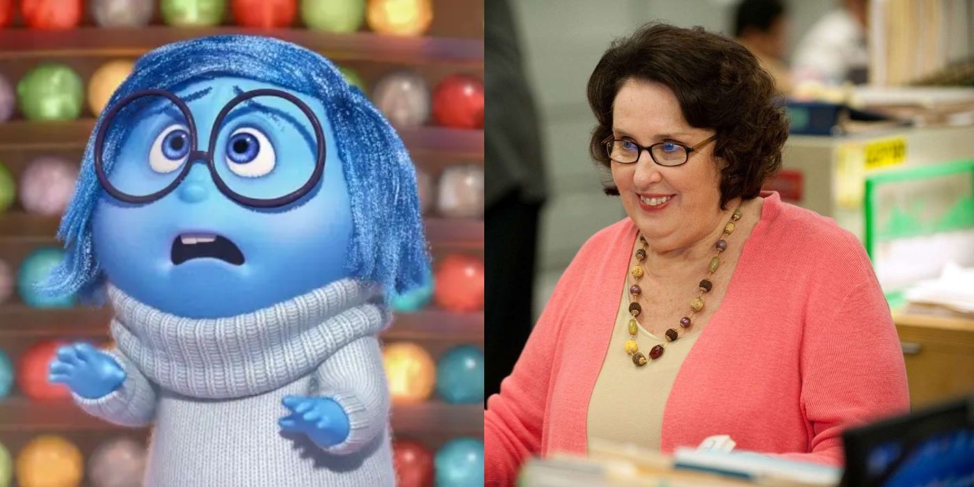 Split image of Sadness in Inside Out and Phyllis Vance smiling on The Office