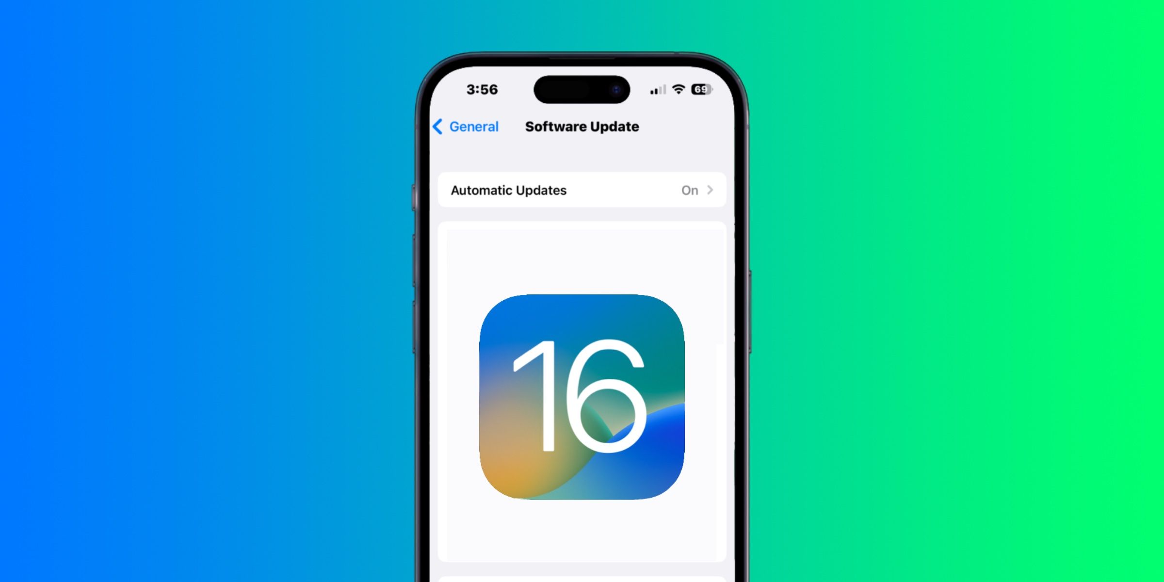 The iOS 16 logo on an iPhone 14 Pro against a blue and green gradient background.