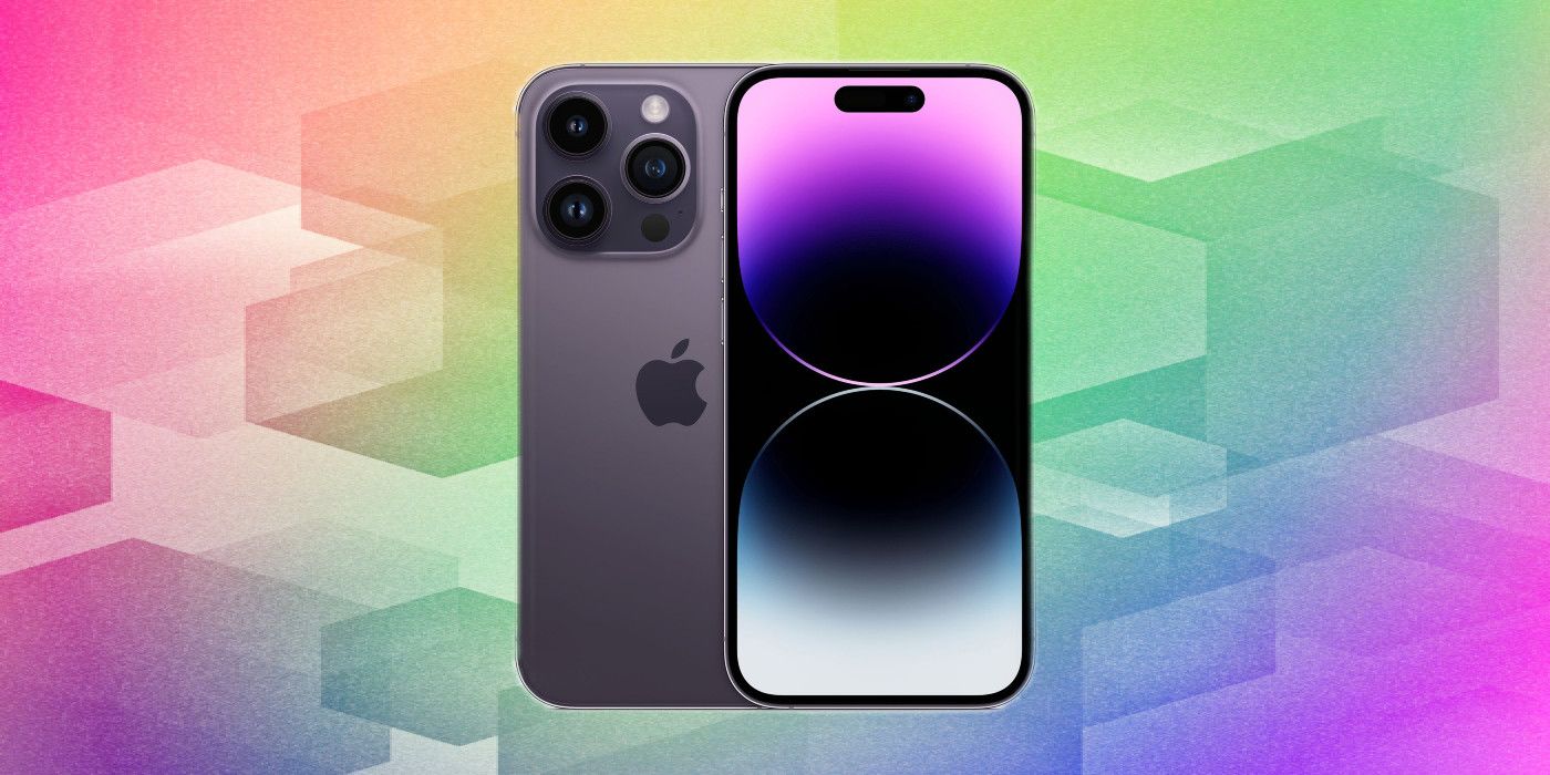Purple iPhone 14 Pro Max from the front and back on colorful patterned background