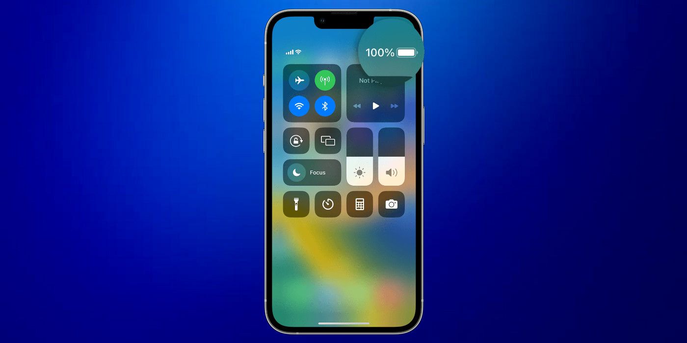 iPhone Control Center, with the battery percentage indicator magnified in the top-right corner.
