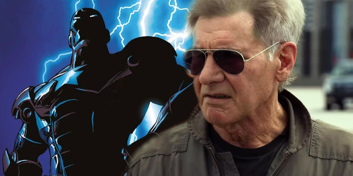 Iron Patriot Shadow with lightning striking behind him, Harrison Ford with dark sunglasses