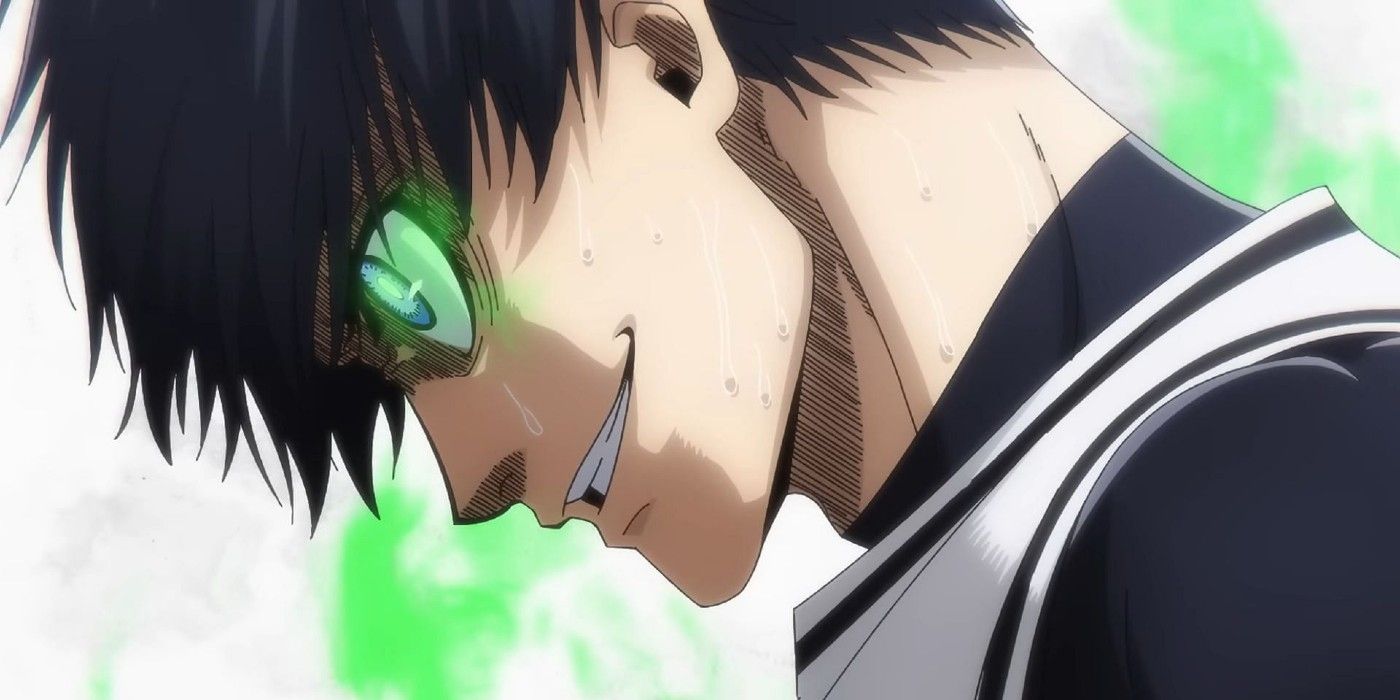 Isagi parece ameaçador com olhos verdes brilhantes em Blue Lock