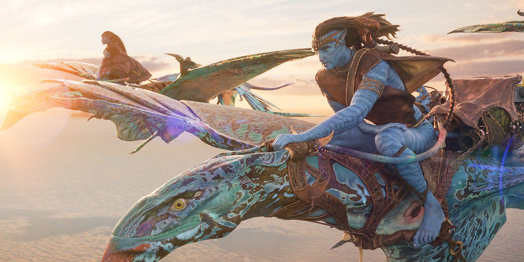 Jake and Neytiri flying while reaching the water lands in Avatar the Way of Water