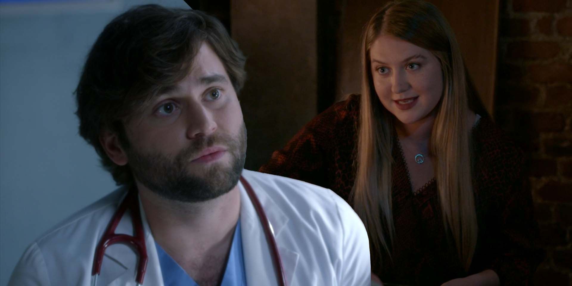 Jake Borelli as Levi Schmitt and Jaicy Elliot as Taryn Helm in Grey's Anatomy S19E02