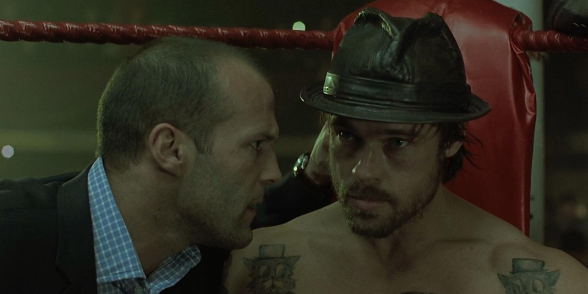 Jason Statham talks to Brad Pitt in the ring in Snatch