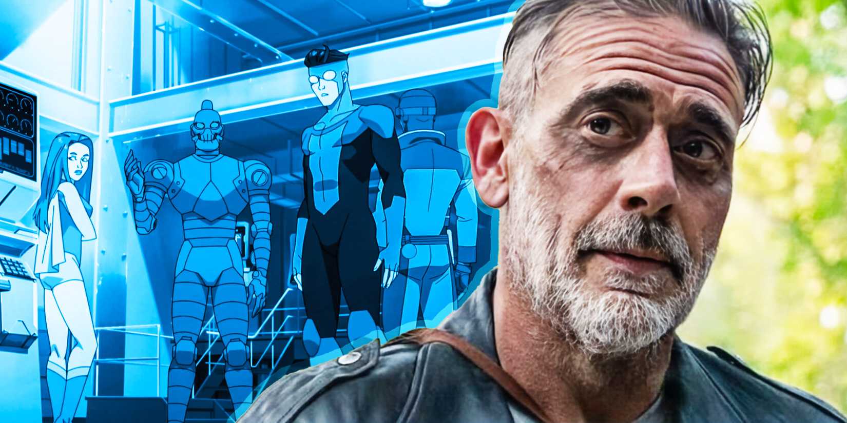Jeffrey Dean Morgan as Negan in The Walking Dead next to characters from invincible