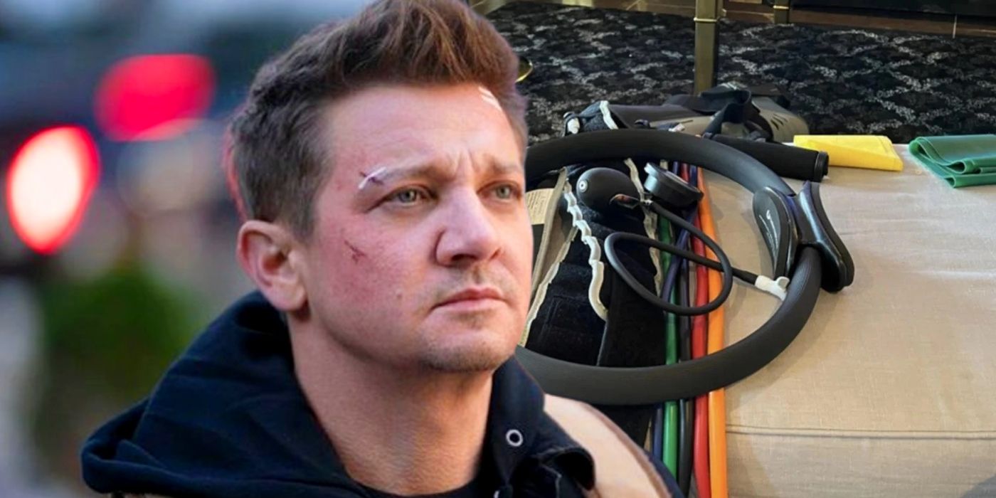 Custom image of Jeremy Renner in Hawkeye and some physical therapy equipment.