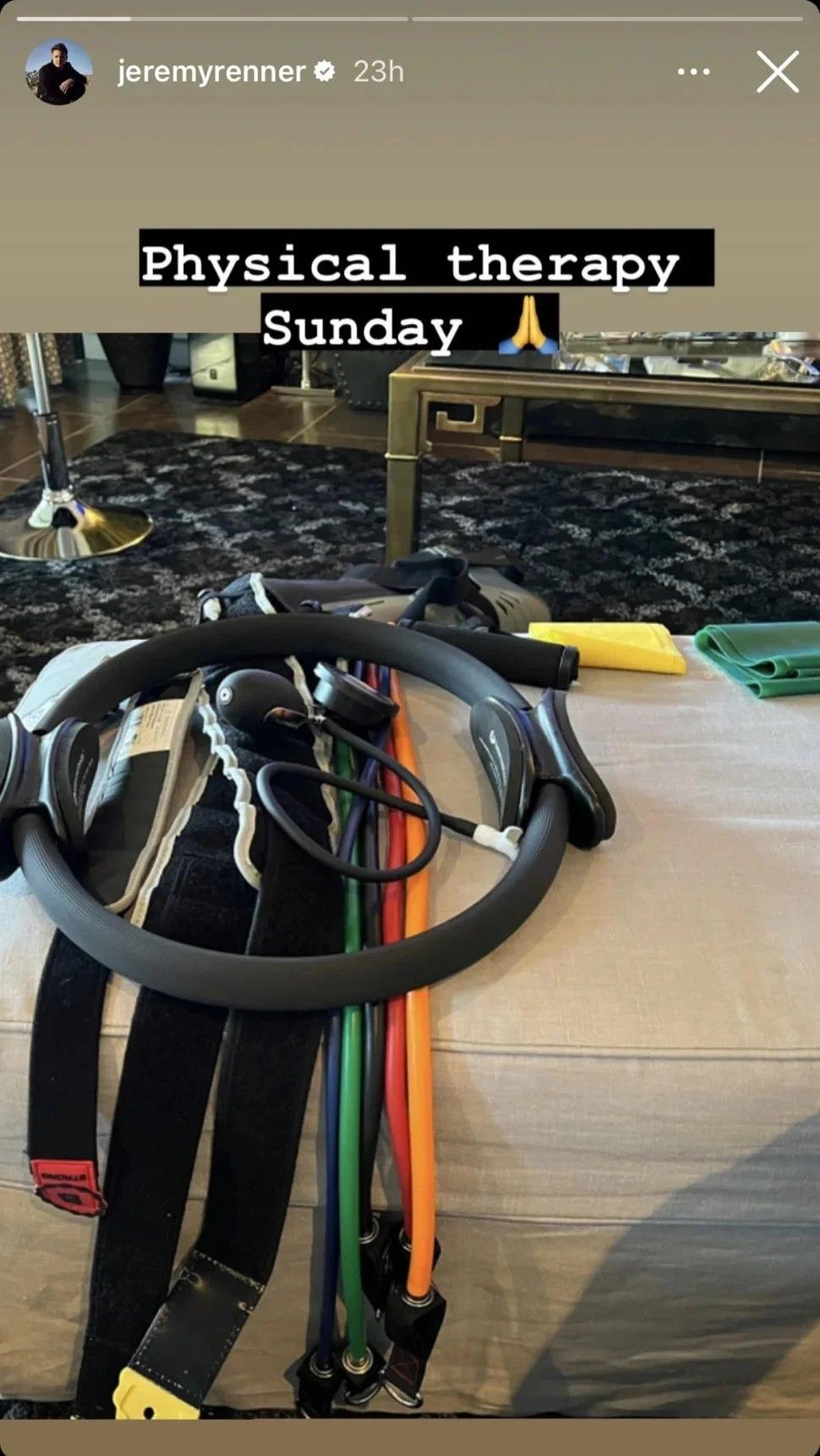 Jeremy Renner&rsquo;s Instagram story of his physical therapy equipment.