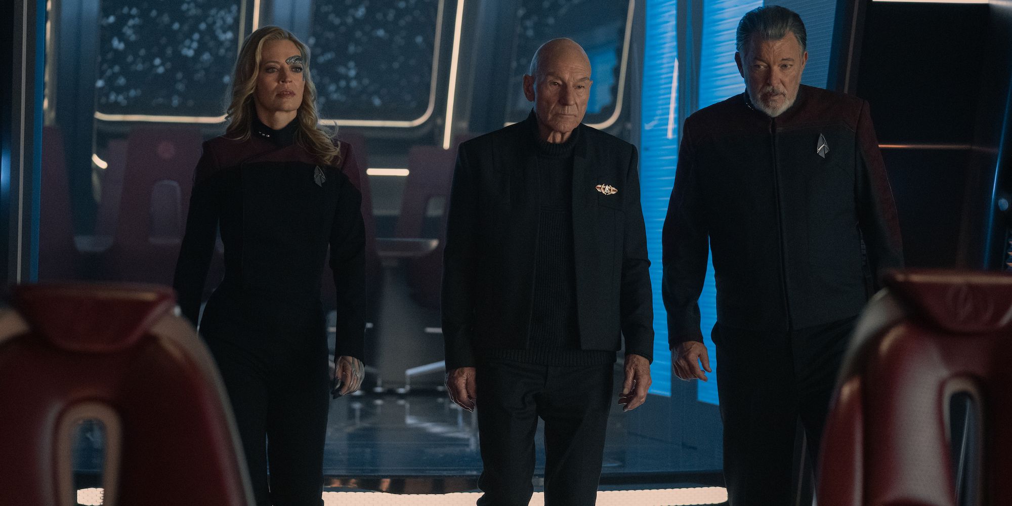 Jeri Ryan as Seven, Patrick Stewart as Picard, and Jonathan Frakes