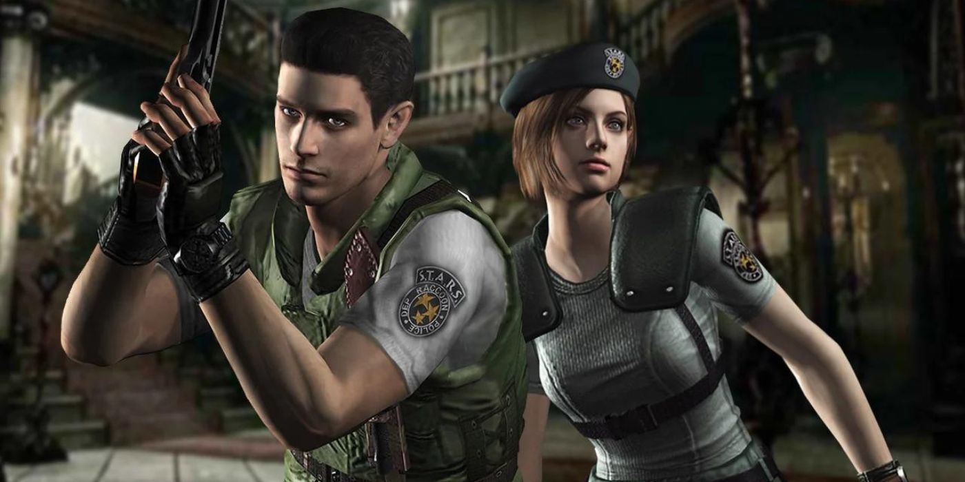 Jill Valentine and Chris Redfield stand in a dark mansion in the original Resident Evil 