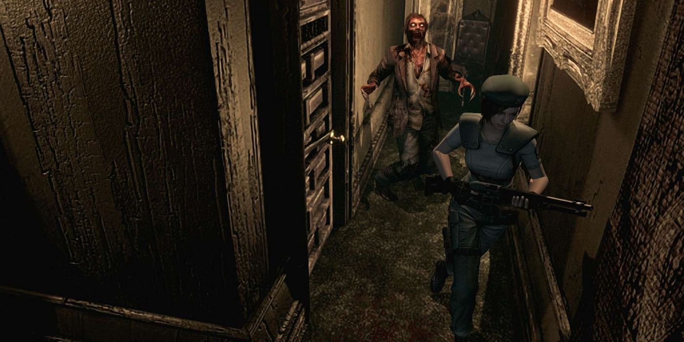Jill Valentine escapes a zombie running down a hallway in Resident Evil.