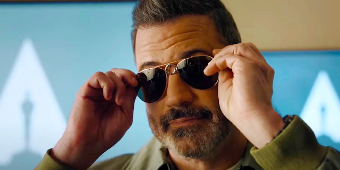 Jimmy Kimmel puts on Maverick's aviator sunglasses in a Top Gun: Maverick themed Oscars trailer