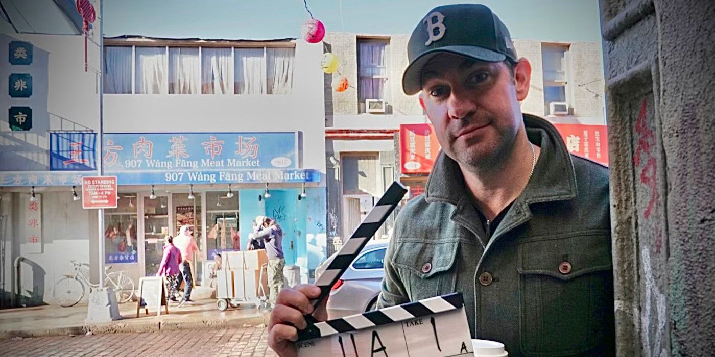 John Krasinski on the set of A Quiet Place: Day One holding a slate to announce the start of filming