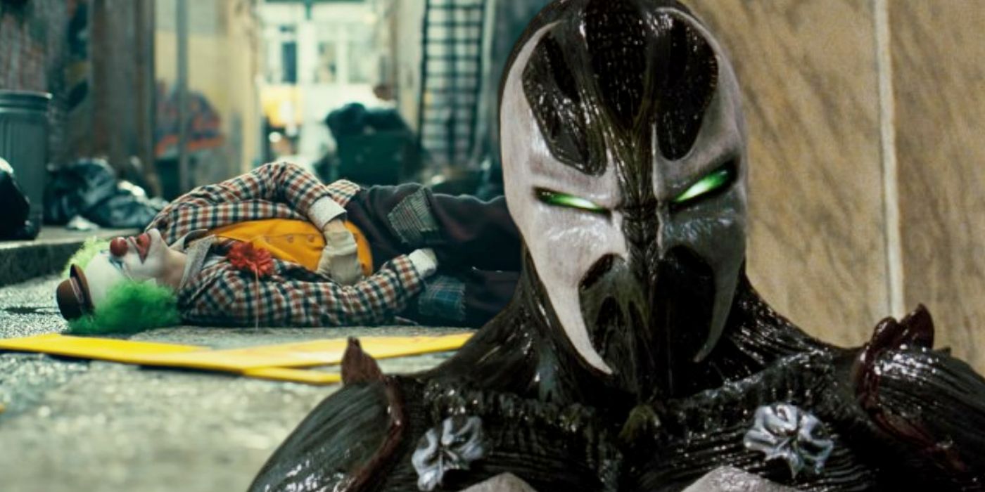 Joker dressed as a clown injured while Spawn is in his suit