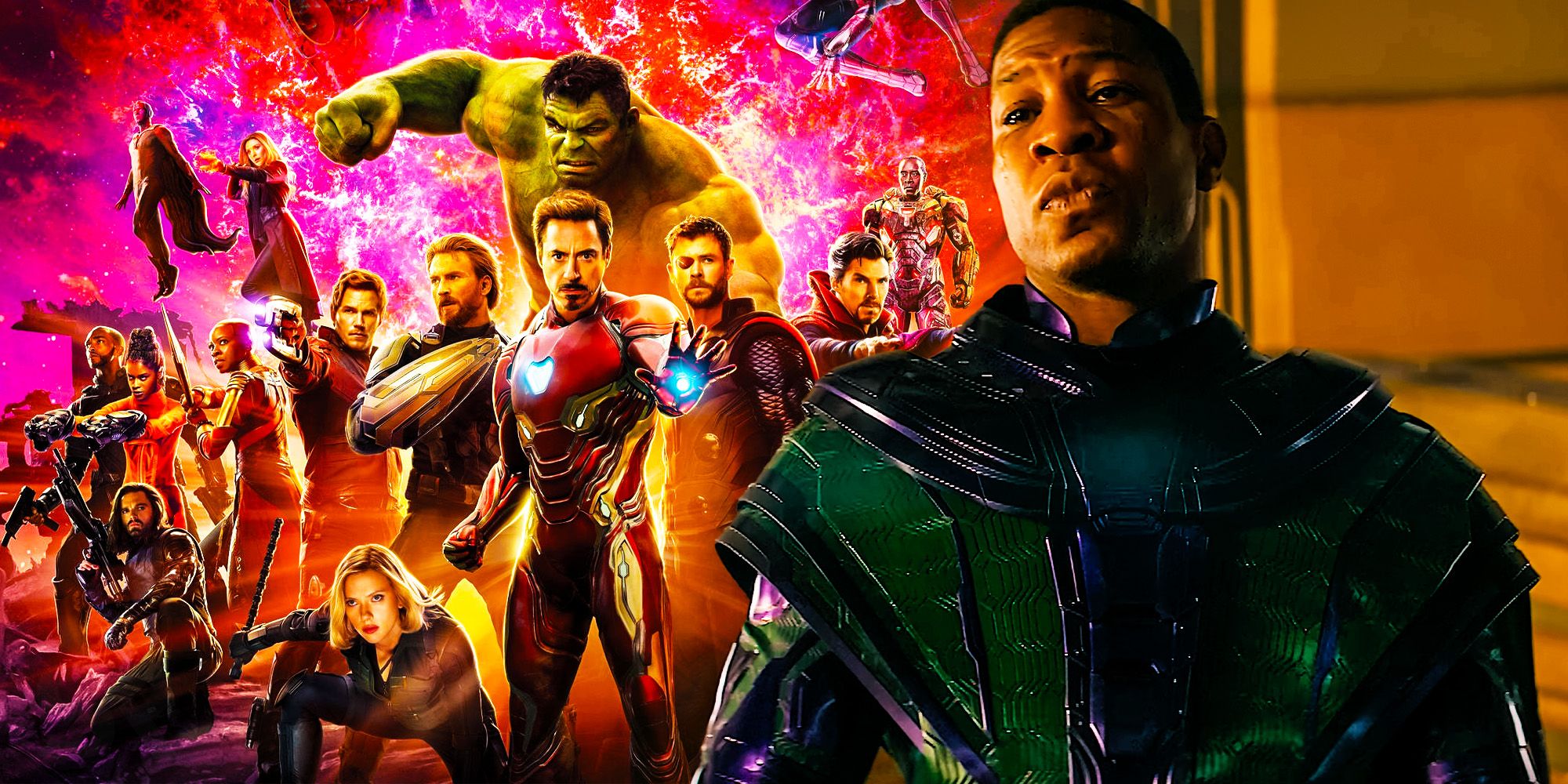 Split Image of The Avengers (Infinity War lineup) and Kang the Conqueror (Jonathan Majors)