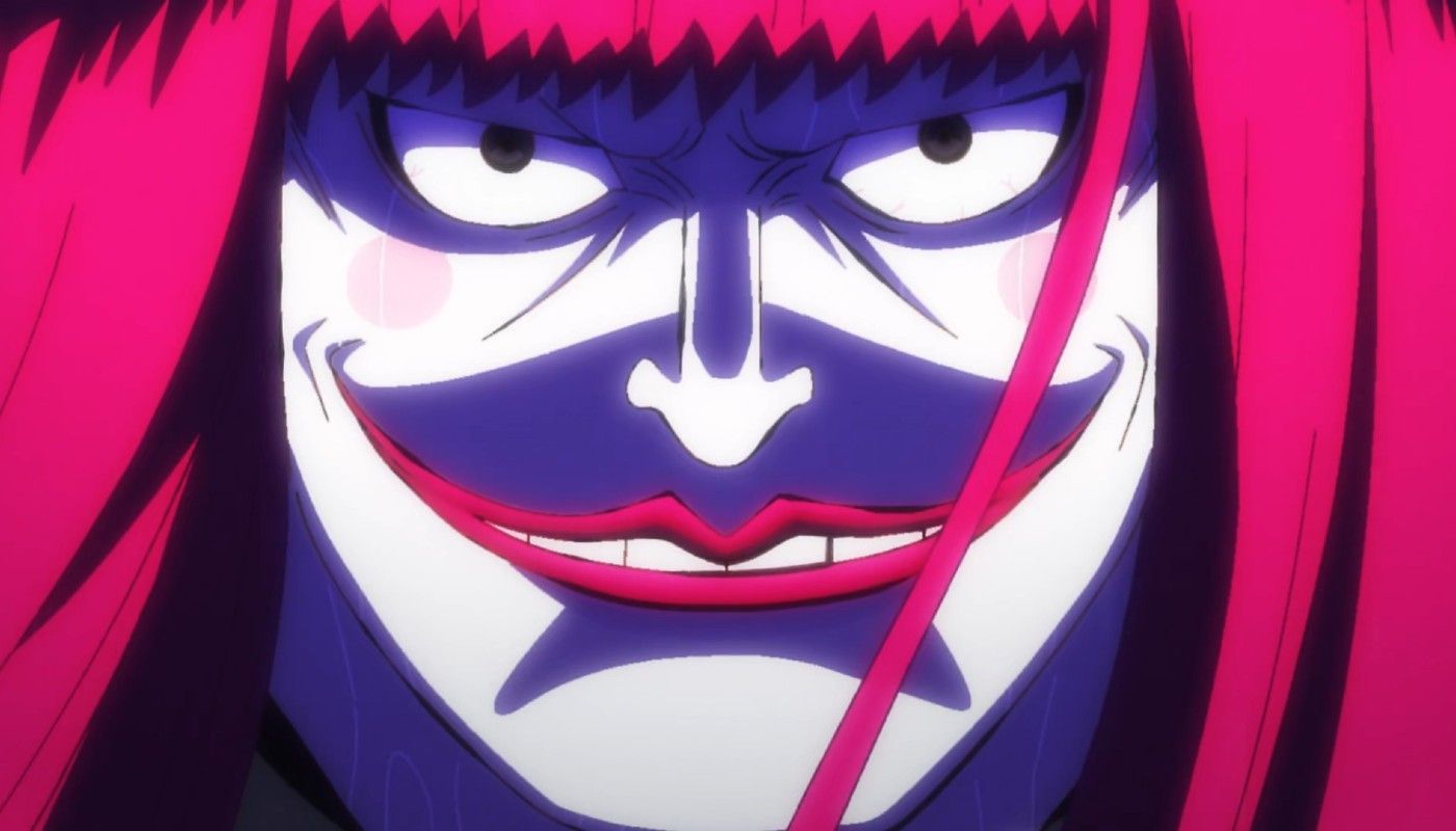 Kanjuro in One Piece smiling in an evil way