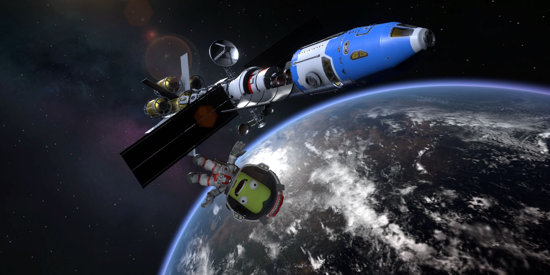 Kerbal Space Program 2, image of a rocket in space over the planet with an astronaut kerbal floating nearby