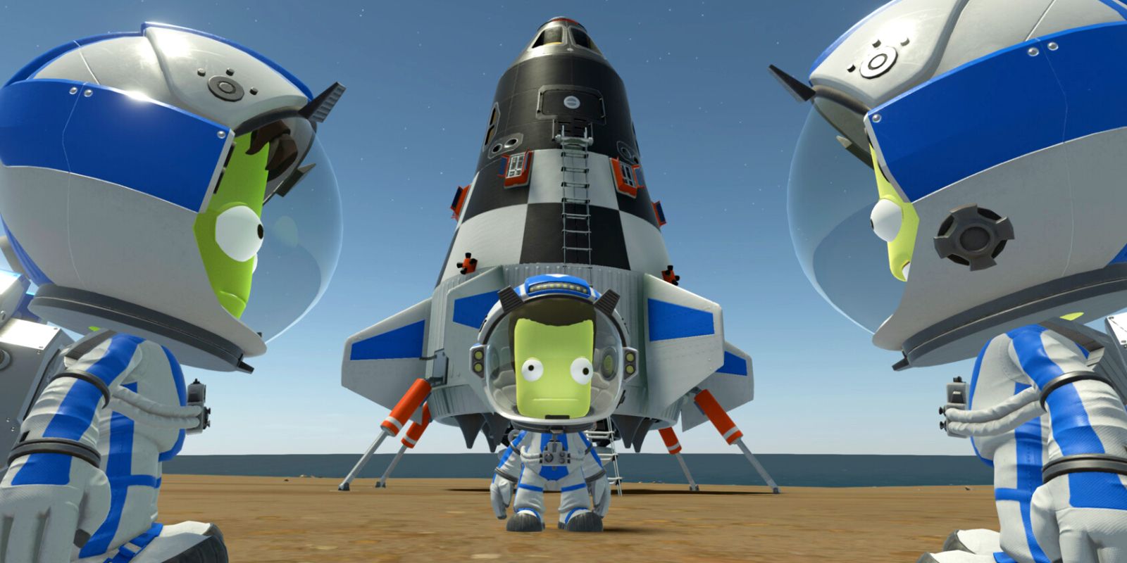 Three Kerbals, all in astronaut suits, standing near a landing craft.