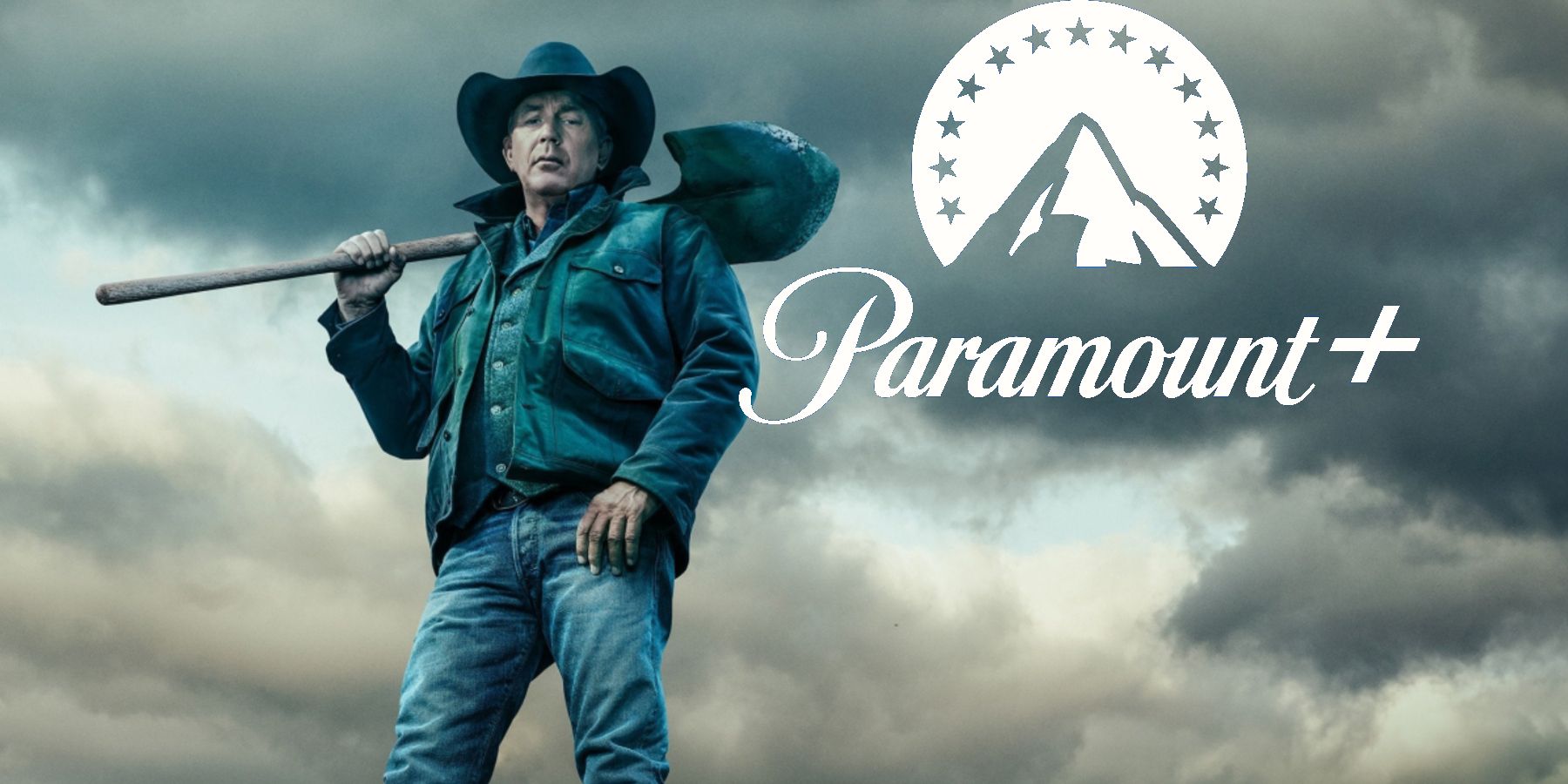Kevin Costner in Yellowstone with Paramount Plus Logo