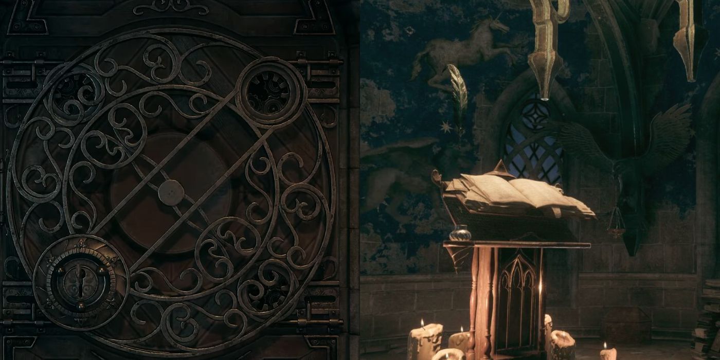 Uma porta intrincada sendo destrancada pela Chave de Admissão à esquerda, e o Livro de Admissão em um estande à direita no Legado de Hogwarts.