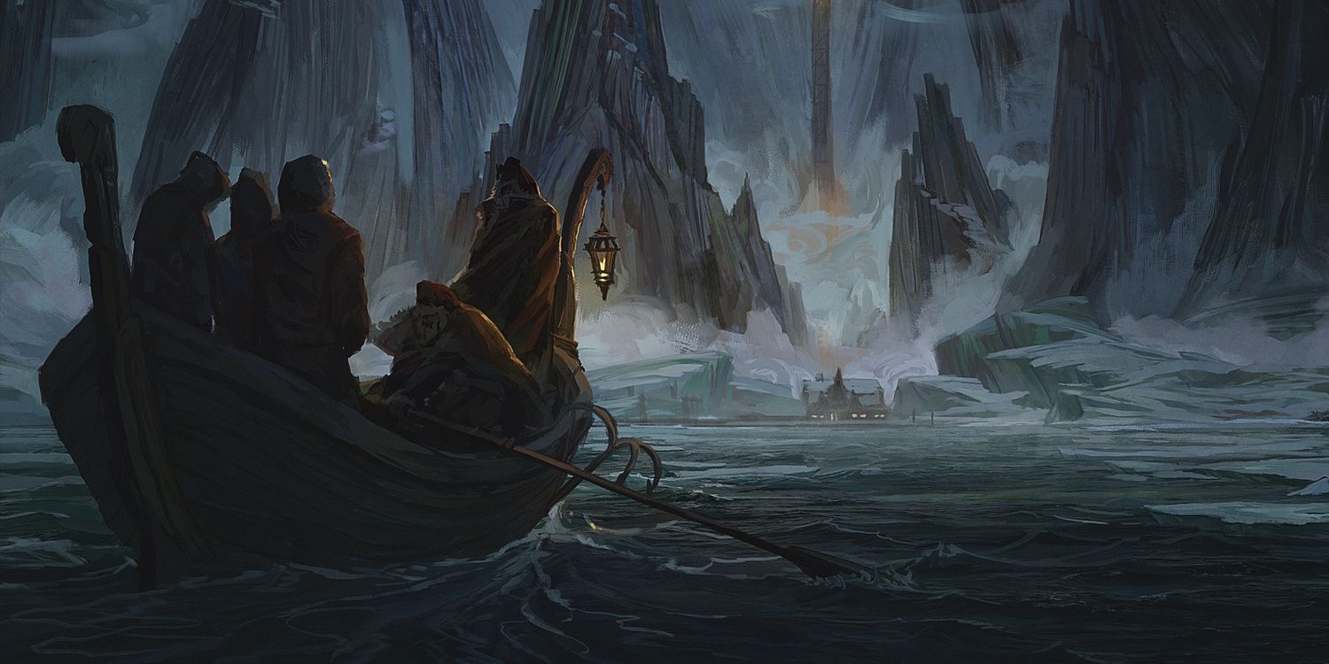 Keys From The Golden Vault's Image of a rowboat with five people on a very dark gray stormy sea, heading into a mountainous coastline with one building with lights on inside in the distance