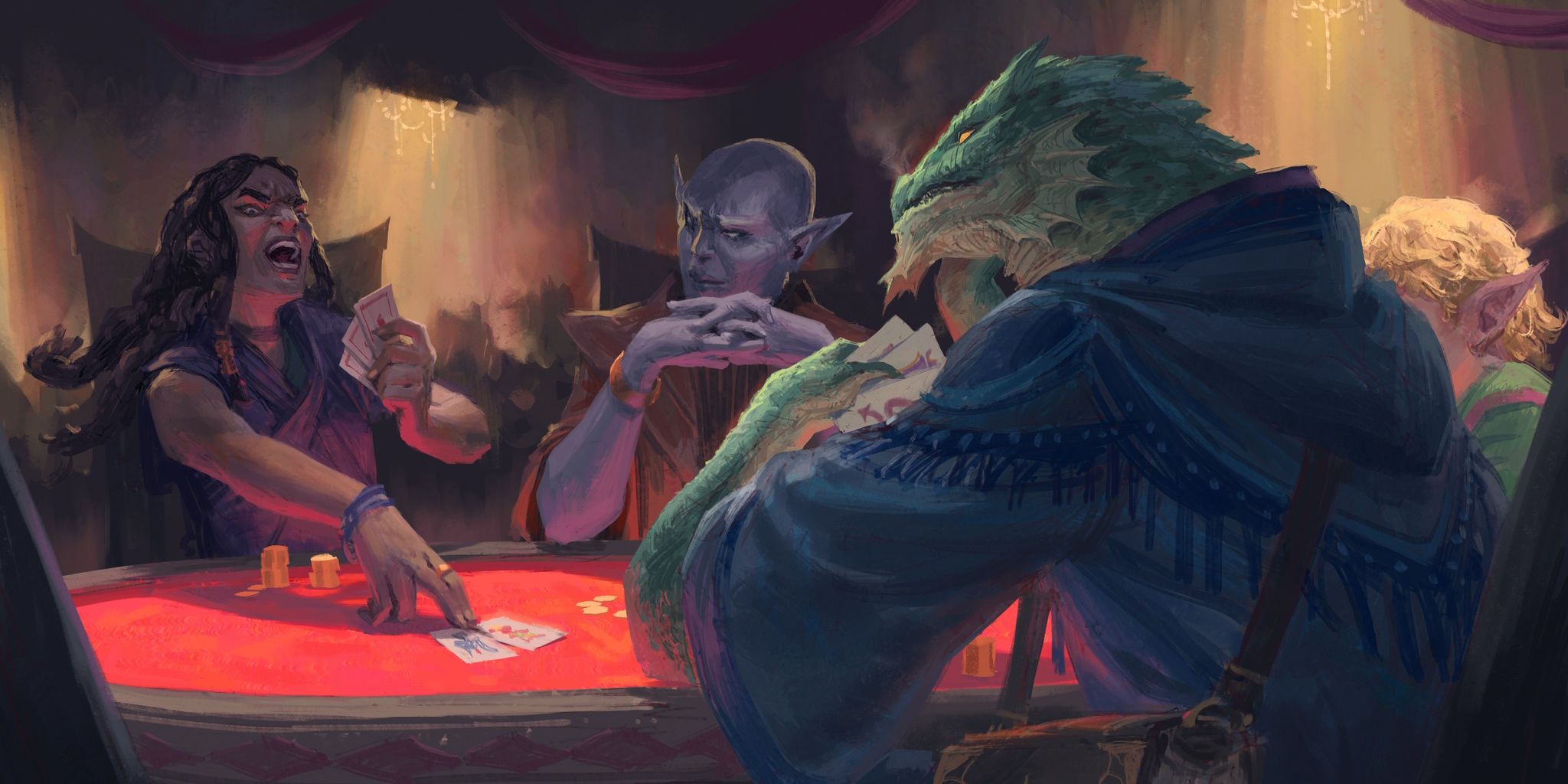 Keys From The Golden Vault official art showing the Nine Hells casino with three characters playing cards around a table