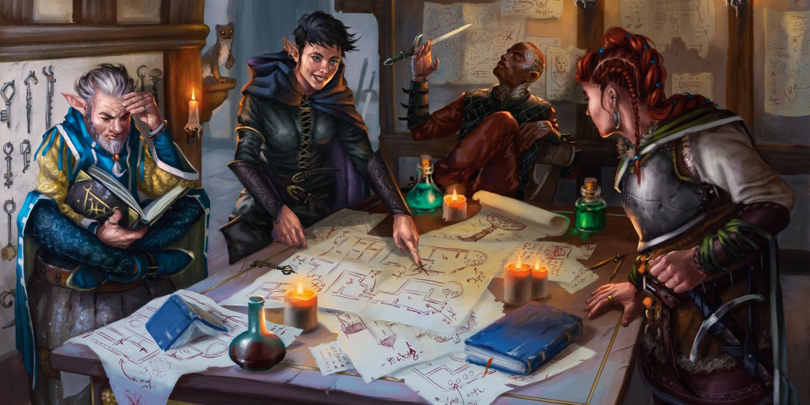 Dungeons and Dragons Book art Keys From The Golden Vault, with a party of four adventurers standing around a table looking at several maps