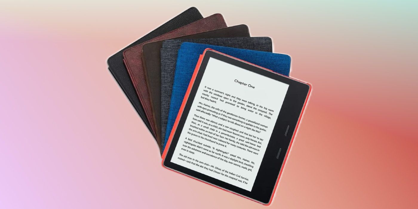 Multiple Kindle Oasis devices in colored cases stacked on top of one another, pictured from the top. The one on the top has the screen facing up with an e-book open, while the rest are facing down.