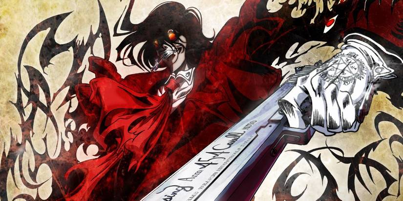 Alucard in Hellsing Ultimate, wiedling his signature hand gun against a black and beige background.