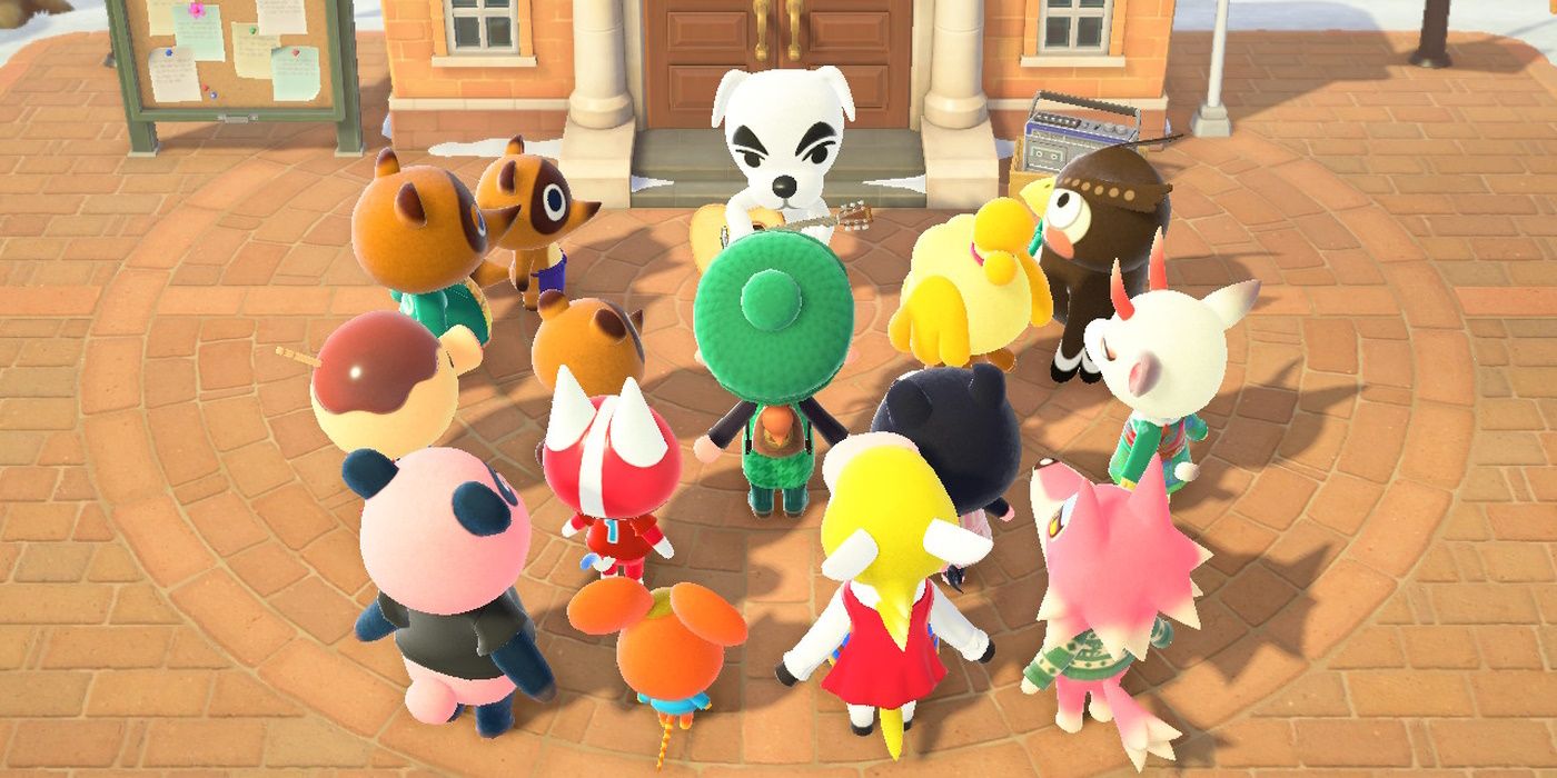 Sekelompok besar penduduk desa di Animal Crossing berkumpul di sekitar KK Slider dan pemainnya.