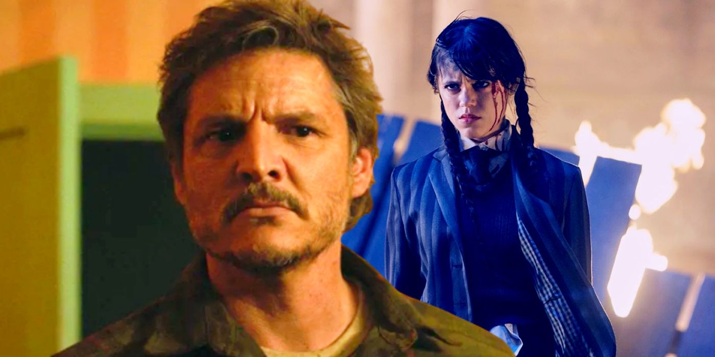 Custom image of Pedro Pascal in The Last of Us and Jenna Ortega in Wednesday.