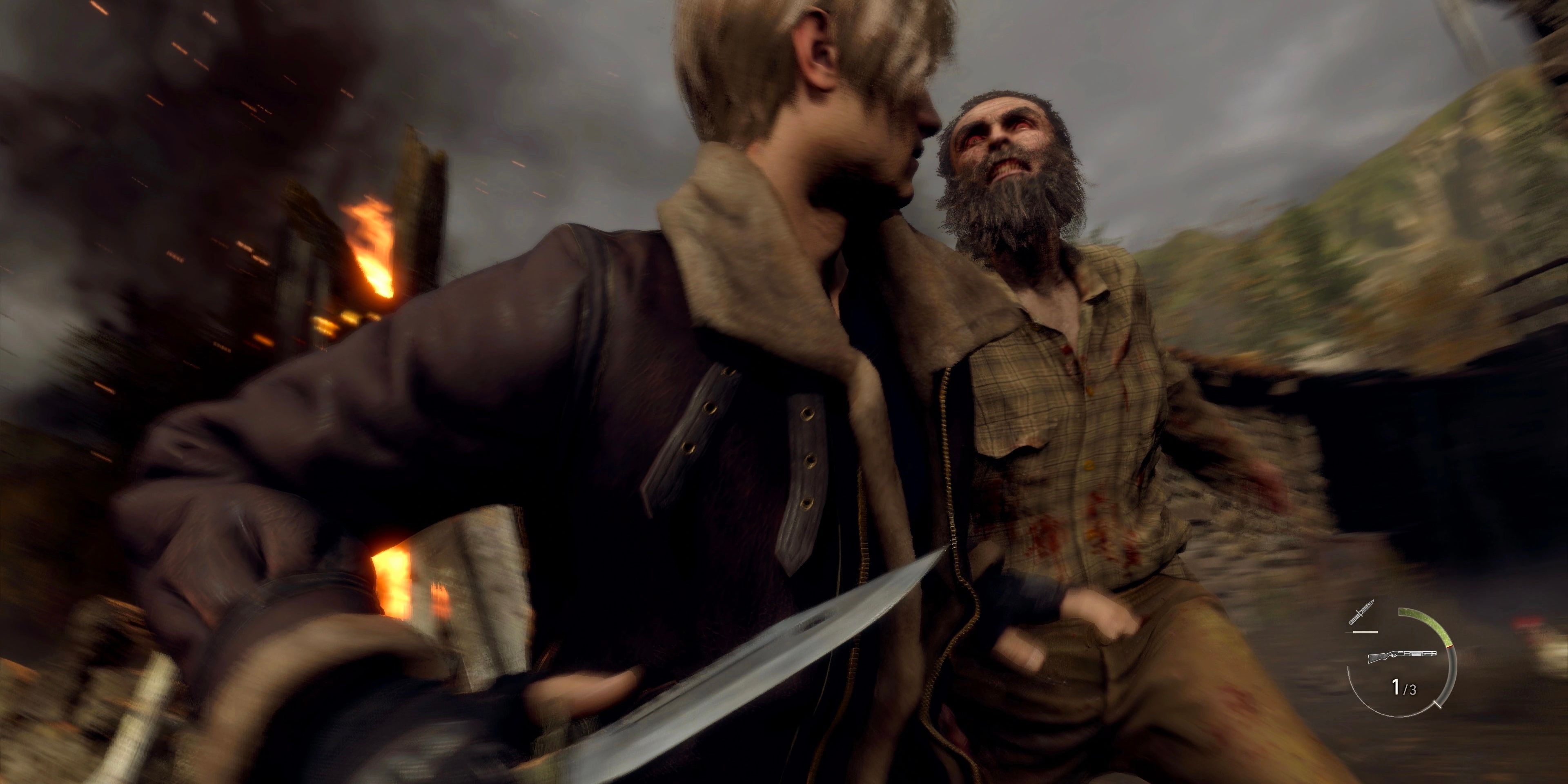 Leon attacks a villager with the combat knife in Resident Evil 4 remake
