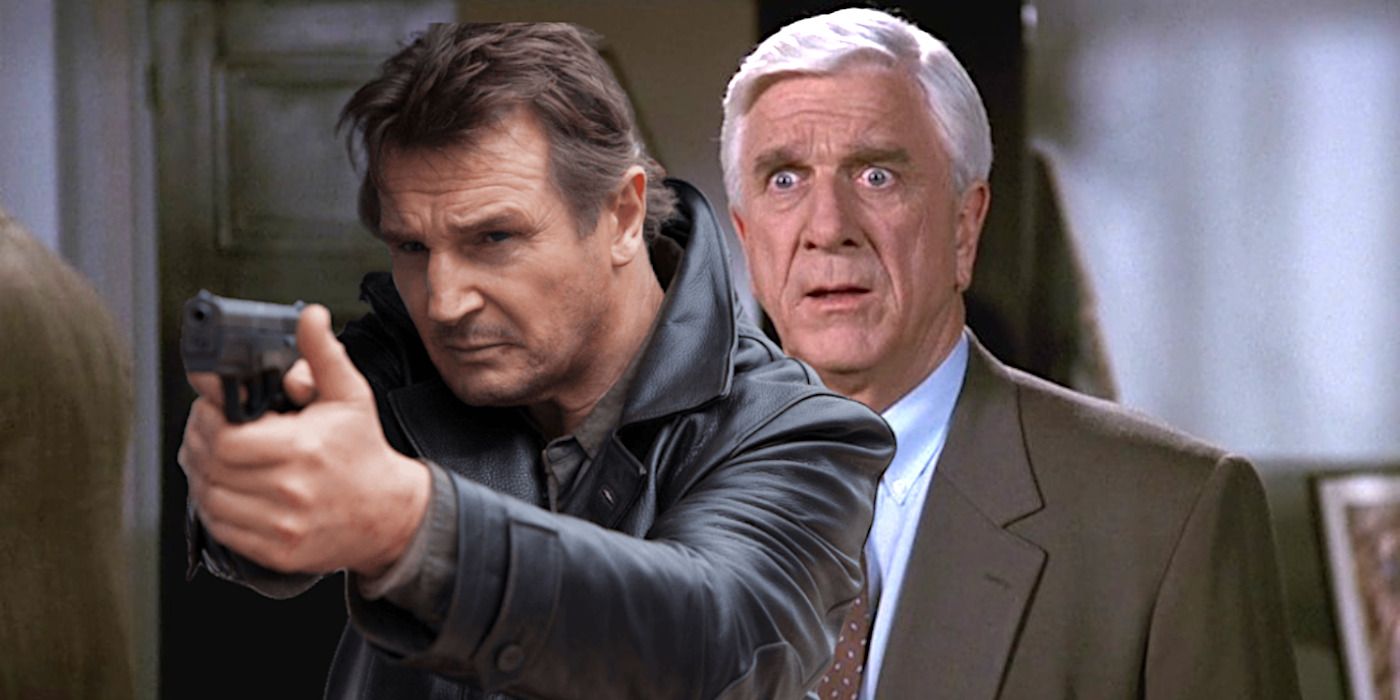 Liam Neeson in a leather jacket looking tough and squinty eyed while pointing a gun, backdropped by Naked Gun star Leslie Nielsen making a hilarious comedy face