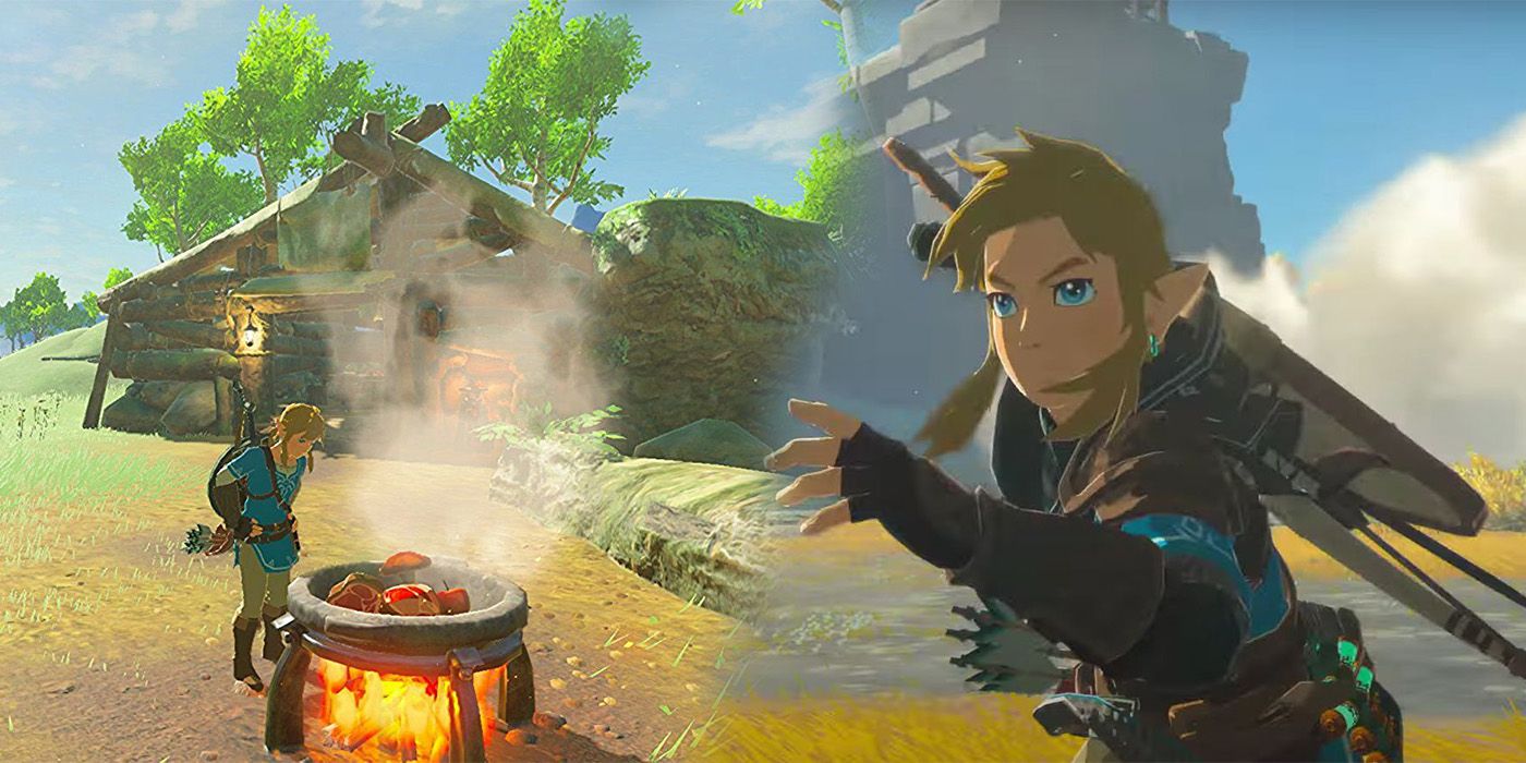 Link in BOTW standing over cooking pot on left fading into image of Link running in TOTK on right