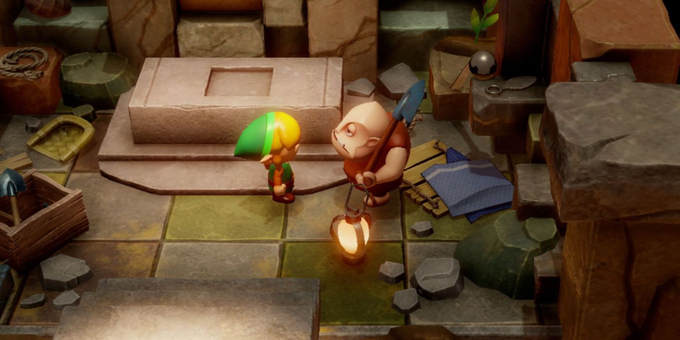 Link talking to Dampe in The Legend of Zelda: Link's Awakening.