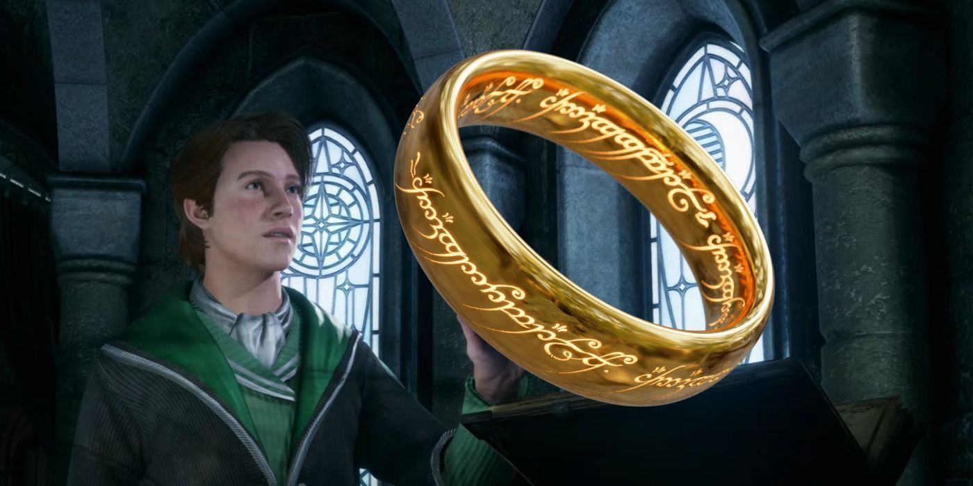 Lord of the Rings Hogwarts Legacy Mashup, with slytherin student from Hogwarts Legacy looking at a massive golden One Ring from Lord of the Rings