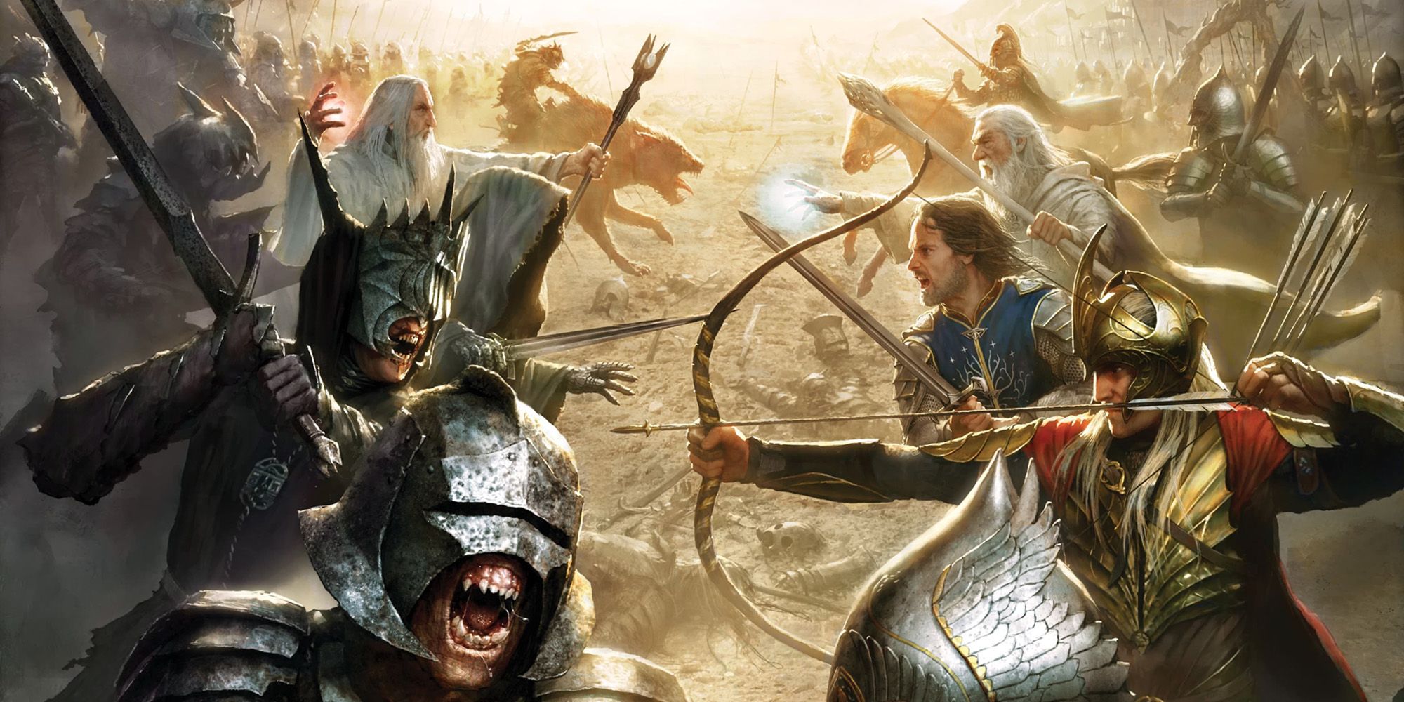 LOTR: Conquest illustration with Sauron's forces on the left facing up against Gandalf, Aragorn, and allies on the right.