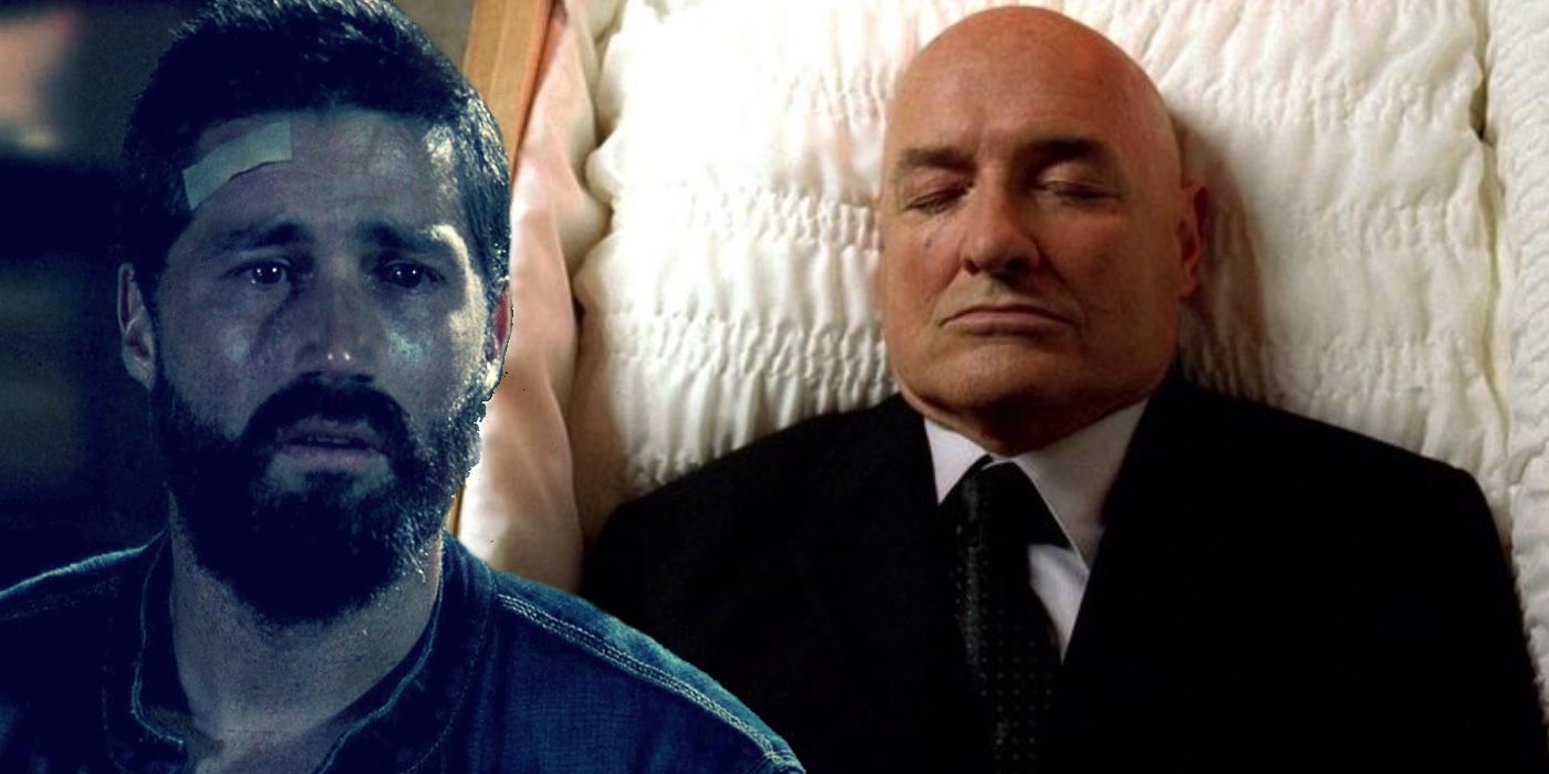 A composite image of Jack crying while John Locke rests in a coffin from Lost