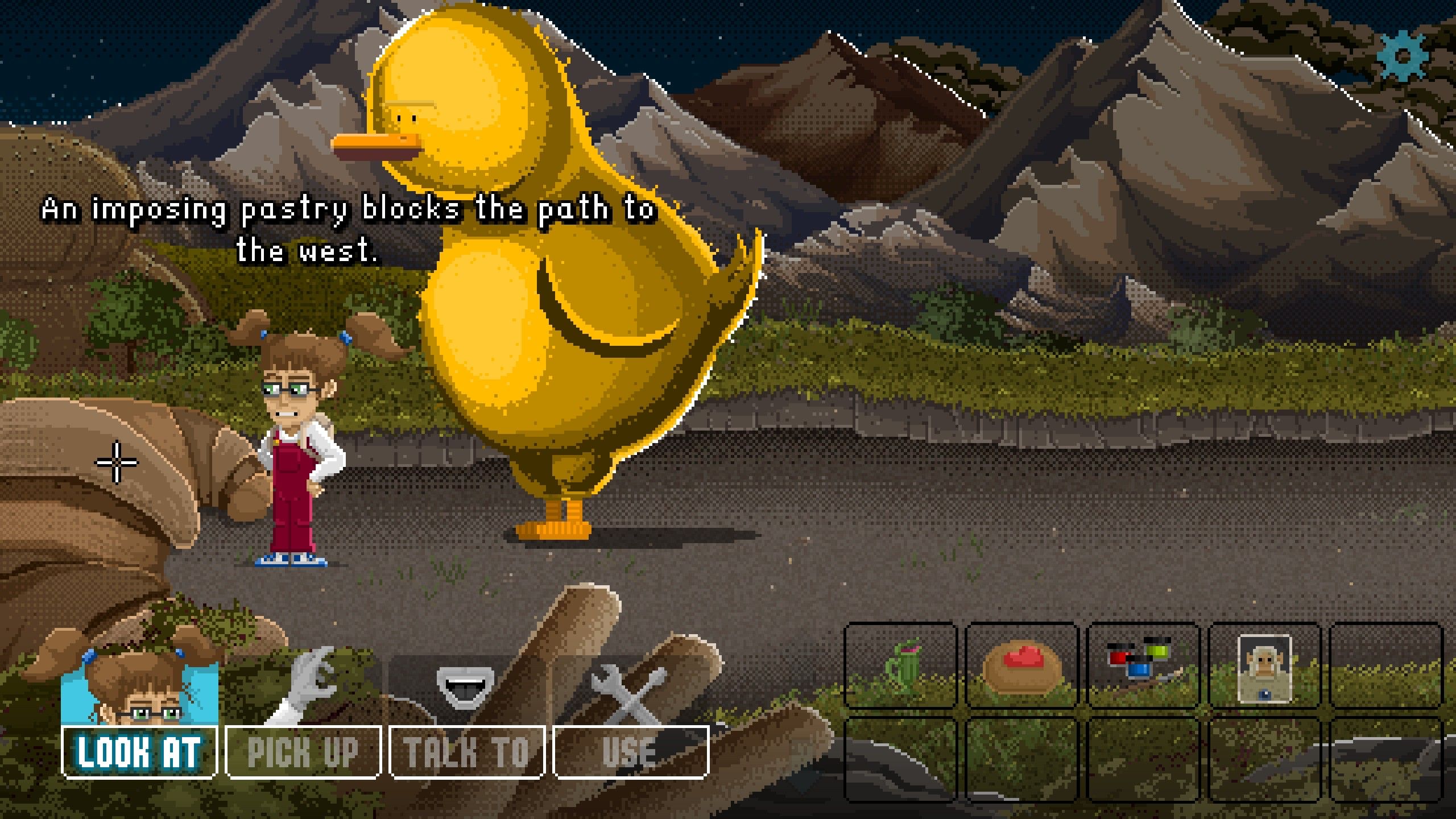 Lucy Dreaming dream sequence showing Lucy and a giant yellow bird being blocked on a road by a giant pastry.