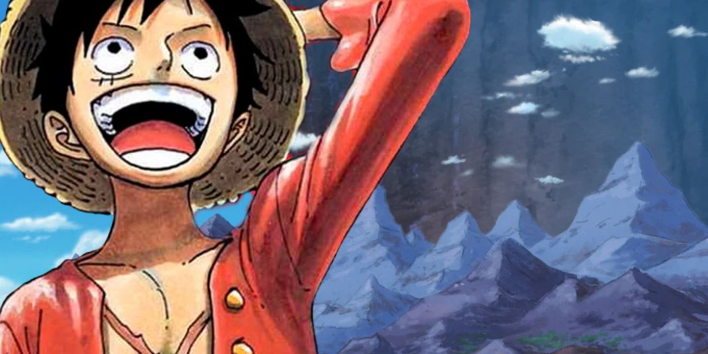 Luffy olhando animadamente para a costa de Elbaf