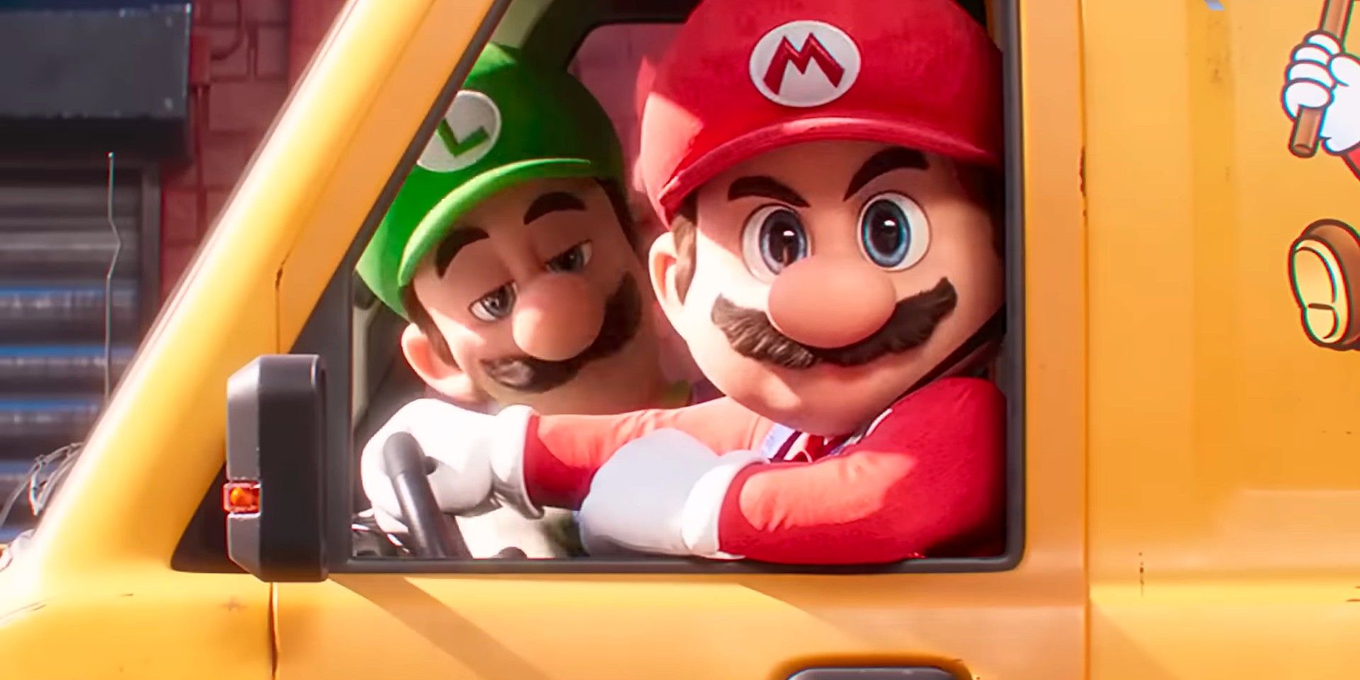 Luigi and Mario in their car in The Super Mario Bros movie