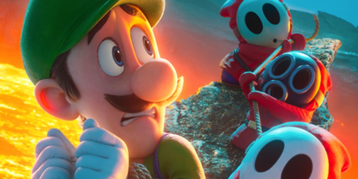 Luigi mira con miedo a unos chicos tímidos en un cartel de la película The Super Mario Bros.