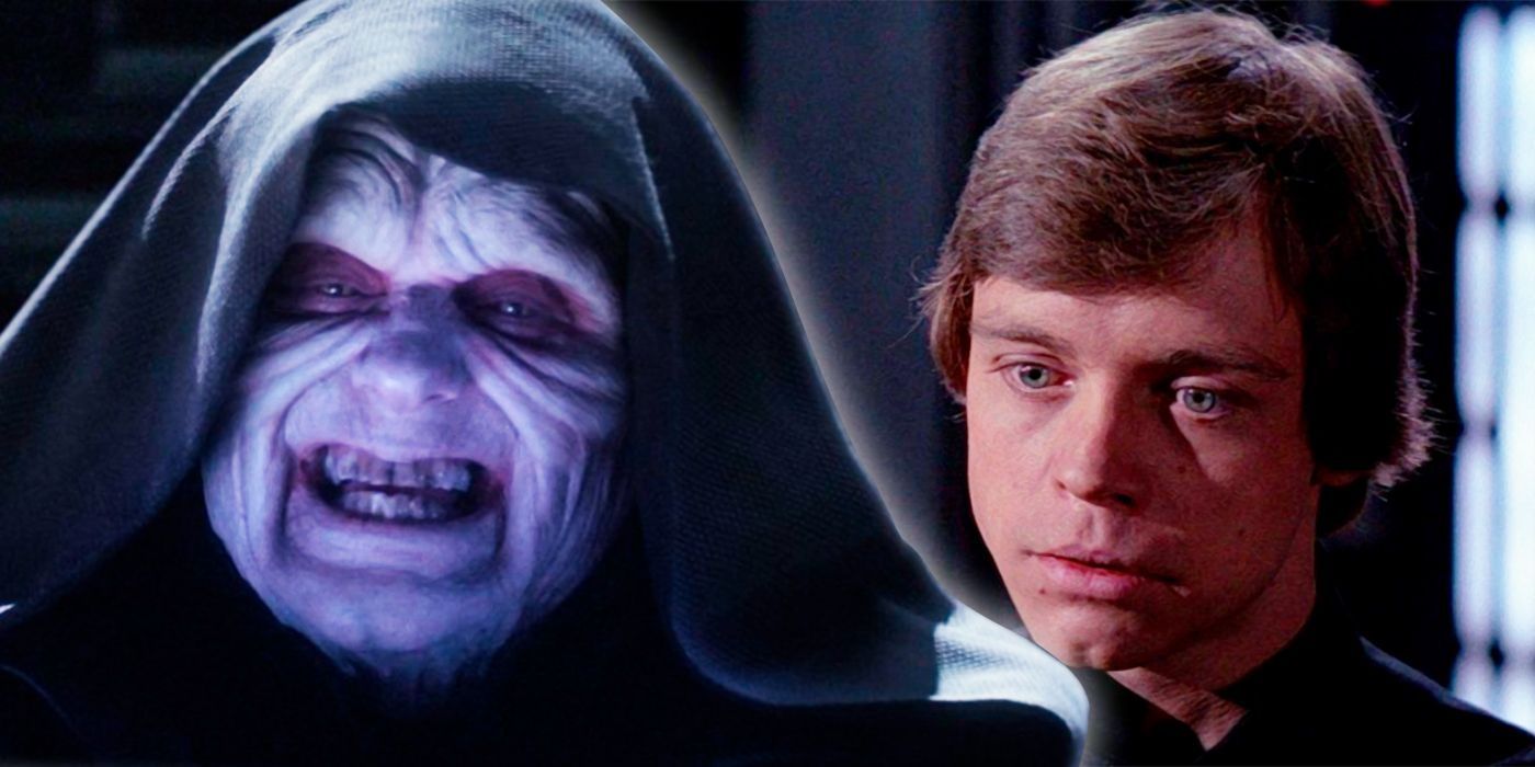 Luke Skywalker with a smiling Palpatine. 