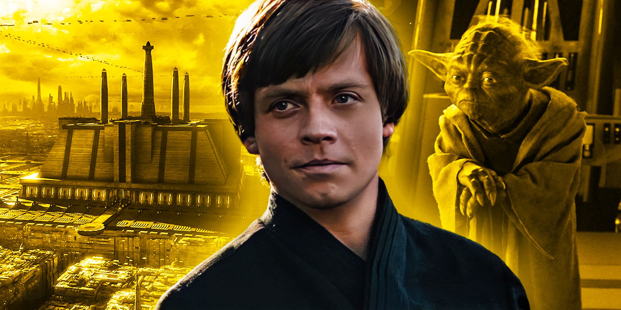 Luke Skywalker, Yoda, and the Jedi Temple on Coruscant.