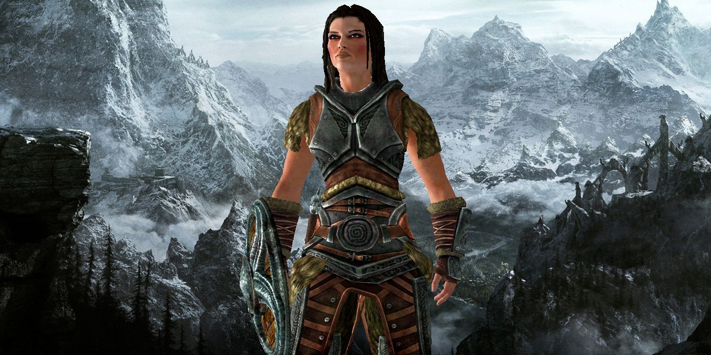 An image of Lydia in Skyrim superimposed over the game's key art