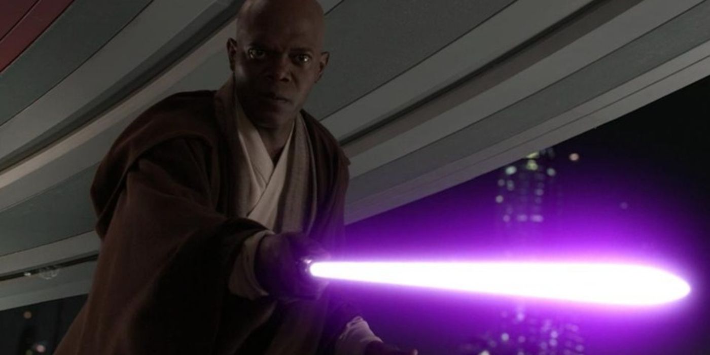 Samuel L. Jackson as Mace Windu pointing his lightsaber towards the camera in Revenge of the Sith