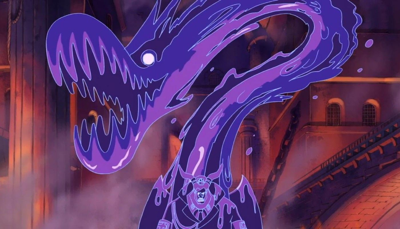 Magellan in One Piece covered with purple poison with a purple snake like beast made of poison above him