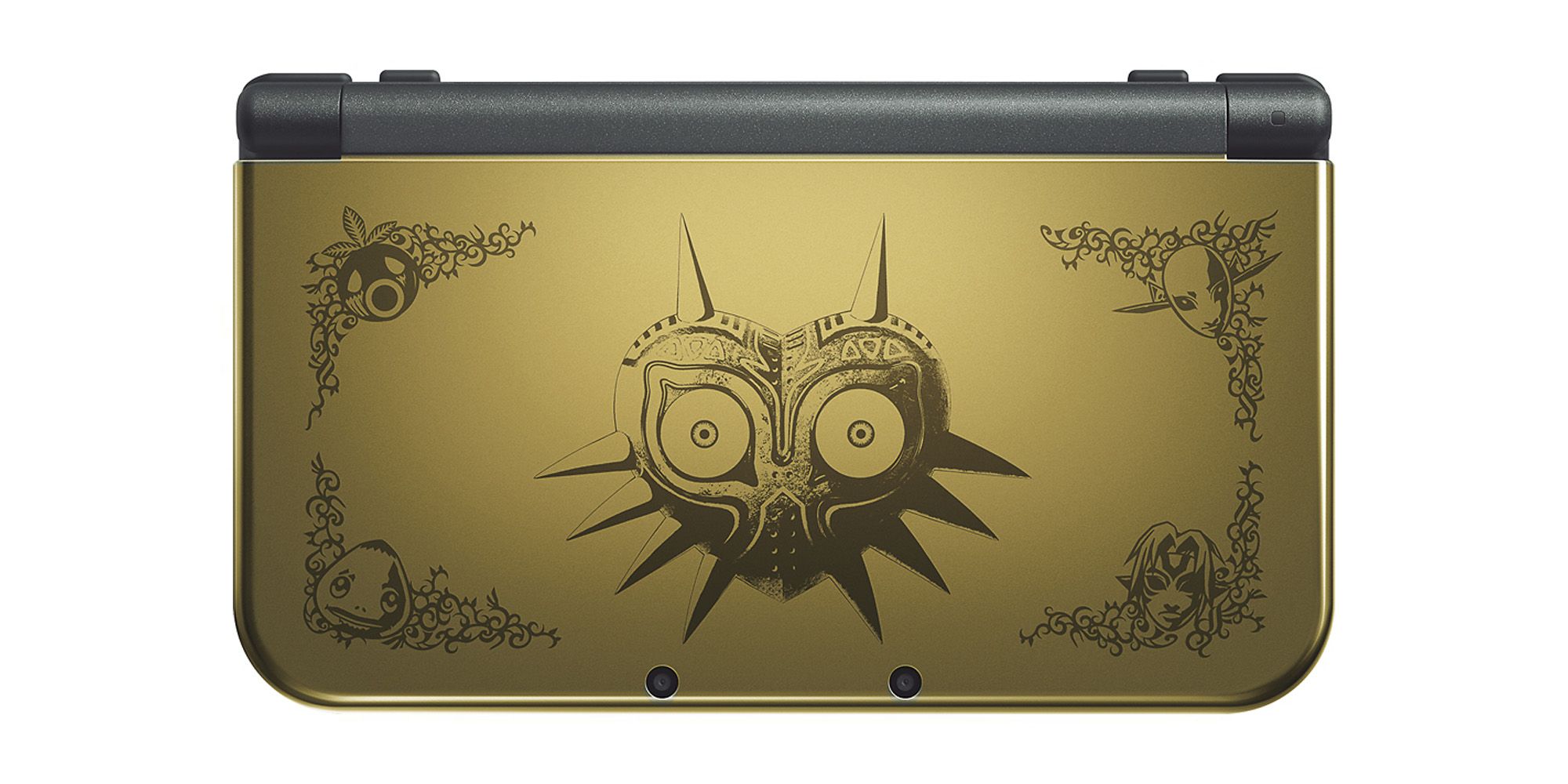 Exterior of a gold New 3DS XL featuring the titular Majora's Mask and borders showing characters from the game.