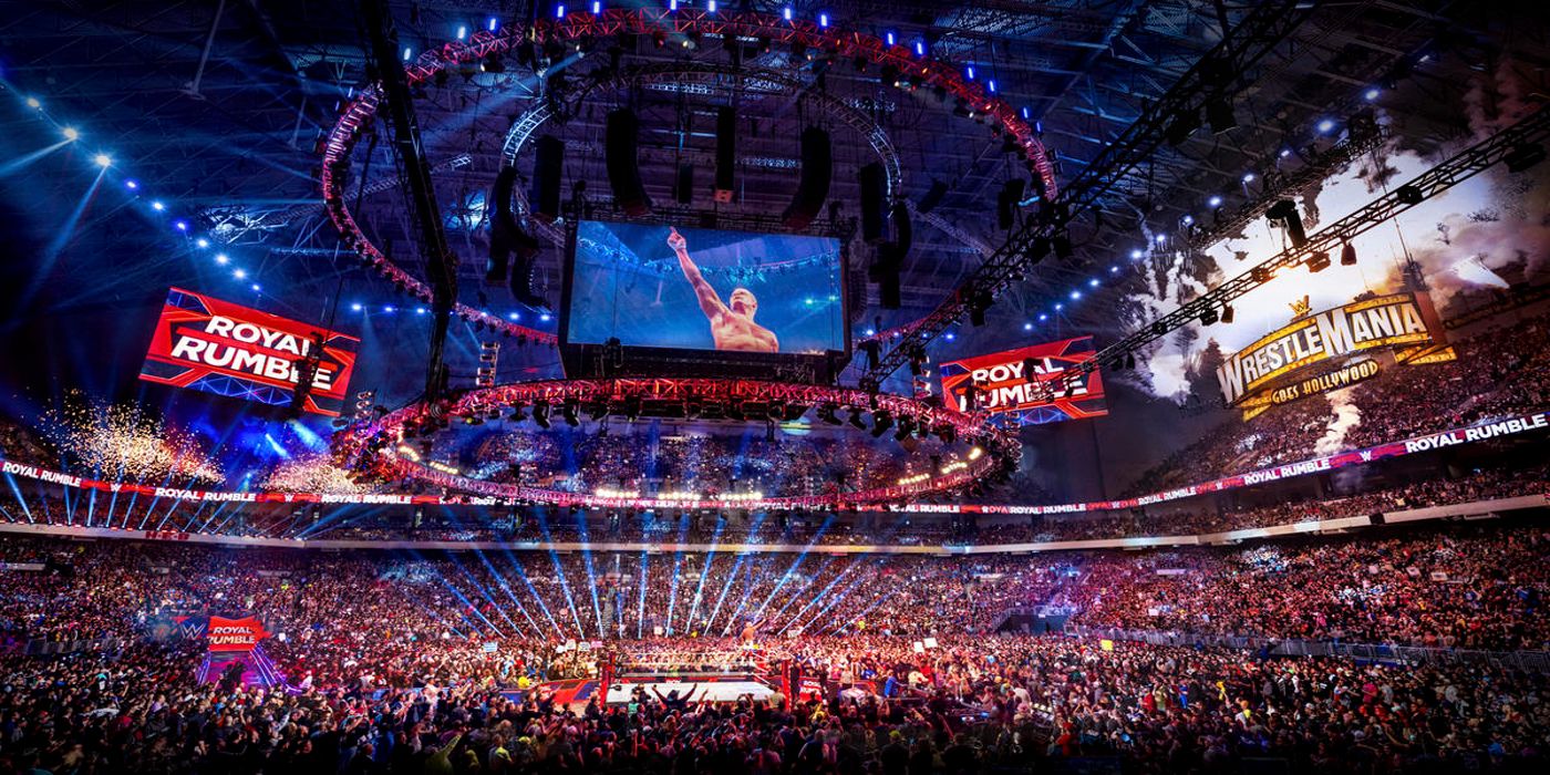 Cody Rhodes points to the WrestleMania 39 sign after winning the Royal Rumble in 2023.