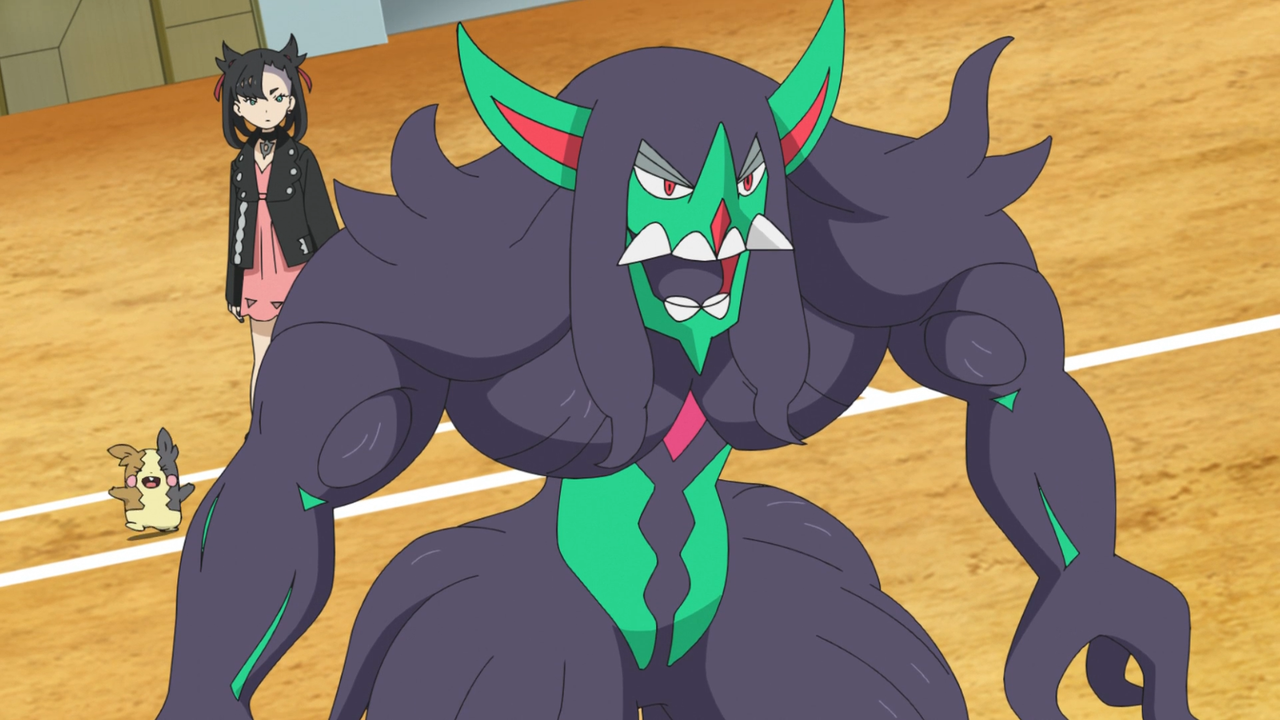 Marnie's Grimmsnarl is ready to battle in a Gym in the Pokemon anime. Behind it are Marnie and her Morpeko, which cheers for its colleague.